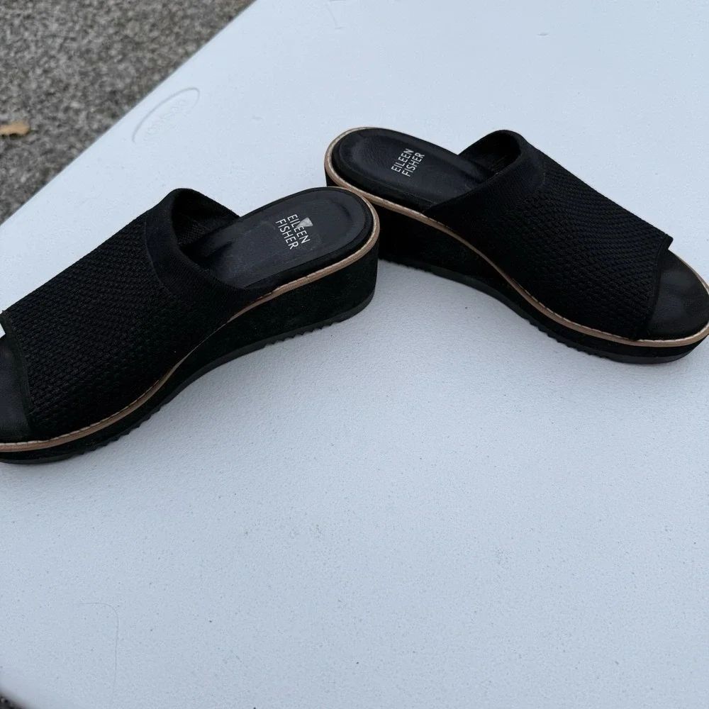 Eileen Fisher Telly Recycled Stretch Knit Wedge Sandal Sz 6‎ Slip On Black Rare
